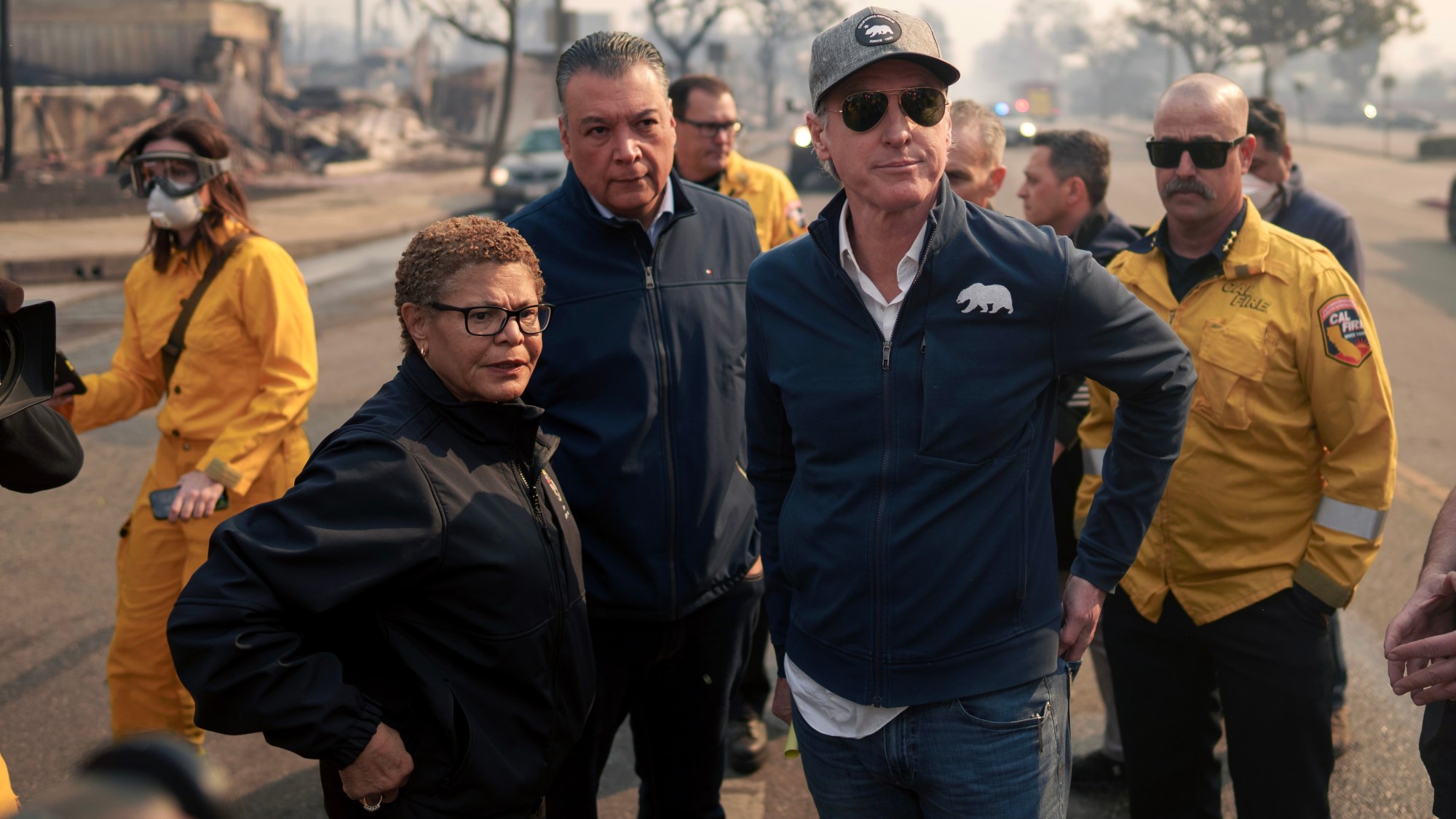 Los Angeles Mayor Karen Bass and California Gov. Gavin Newsom tour Pacific Palisades on Wednesday.