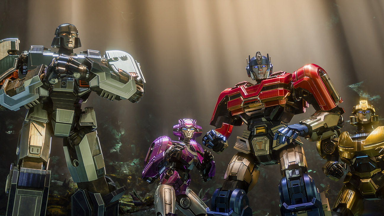 L-r, Brian Tyree Henry (D-16/Megatron), Scarlett Johansson (Elita-1), Chris Hemsworth (Orion Pax/Optimus Prime) and Keegan-Michael Key (B-127), star in Transformers One