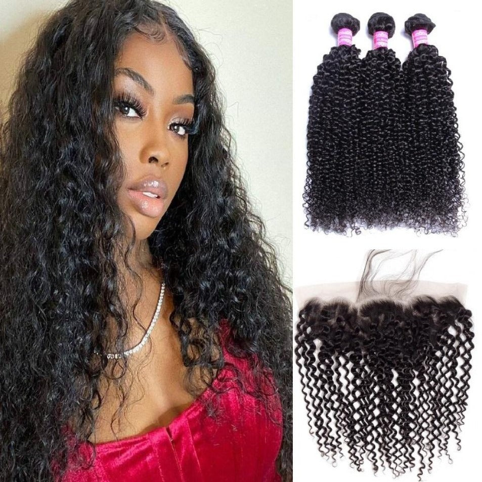 Indian Kinky Curly Bundles With 13×4 Lace Frontal 10A Grade 100% Human Virgin Hair Bling Hair
