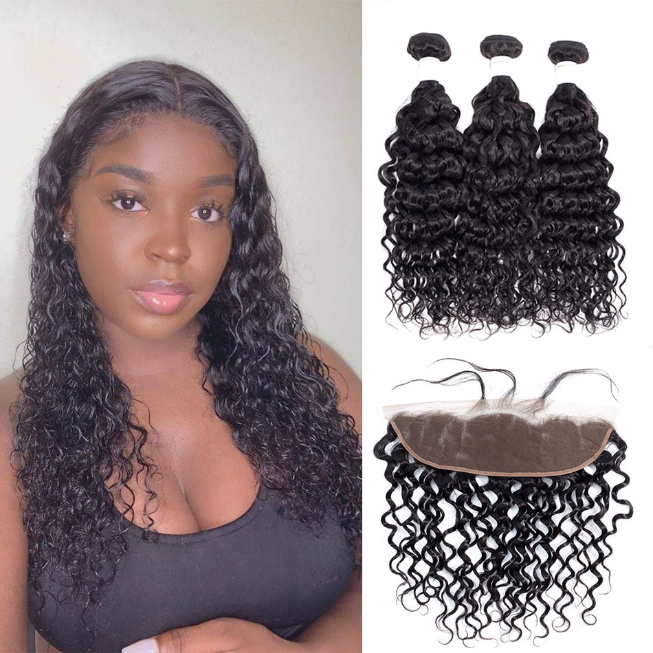 Indian Water Wave Bundles With 13×4 Lace Frontal 10A Grade 100% Human Virgin Hair Bling Hair