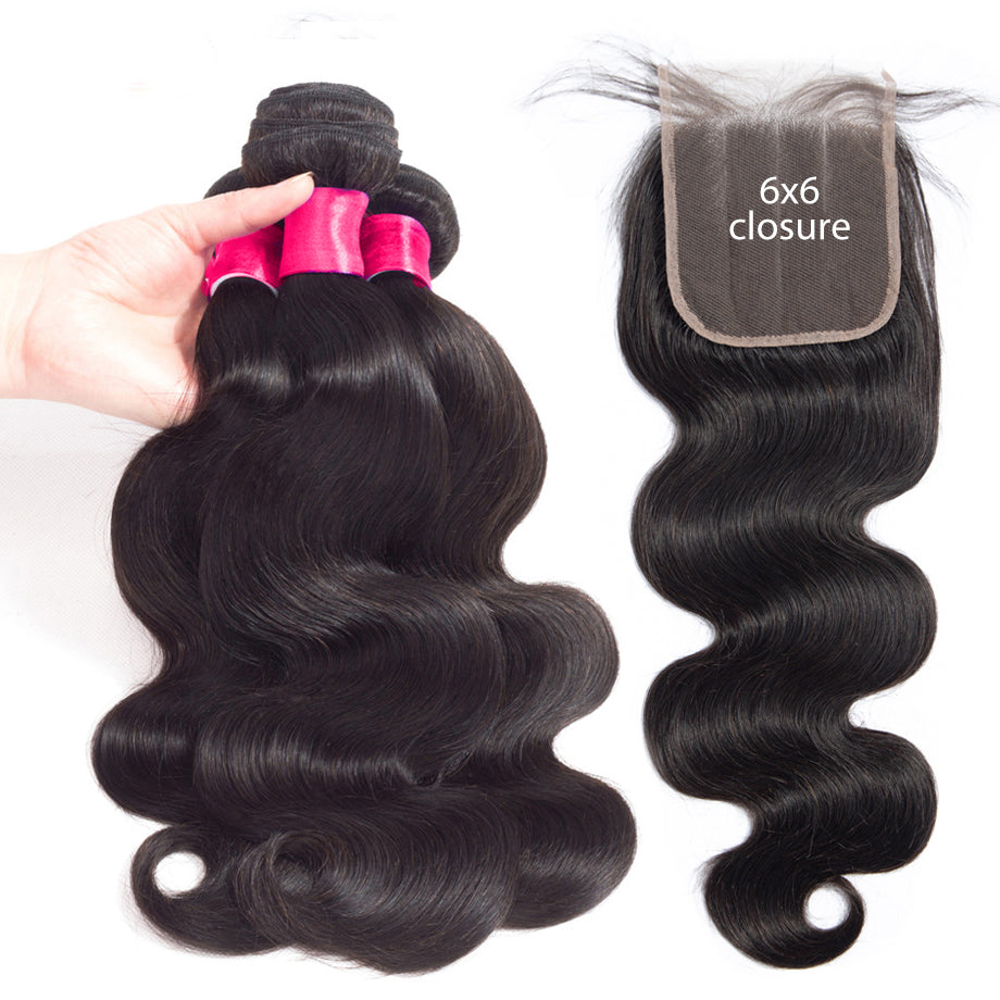 Brazilian Body Wave 3 Bundles With 6×6 Closure 10A Grade 100% Human Virgin Hair Bling Hair