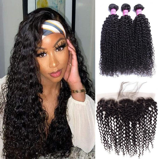Malaysian Kinky Curly Bundles With 13×4 Lace Frontal 10A Grade 100% Human Virgin Hair Bling Hair