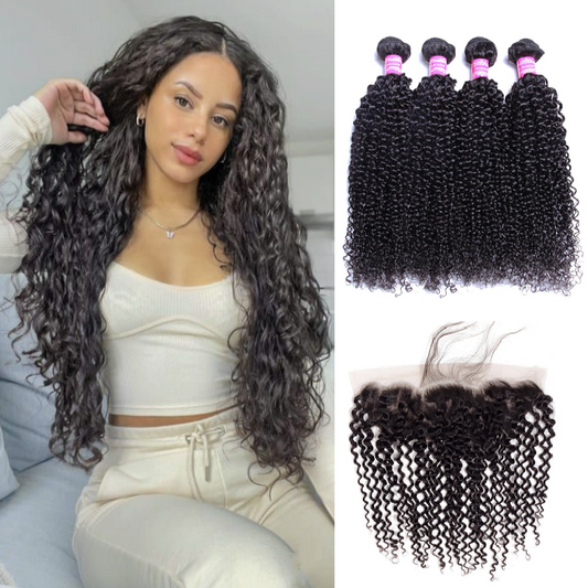 Kinky Curly 4 Bundles With 13×4 Frontal Free Part 10A Grade 100% Human Virgin Hair Bling Hair