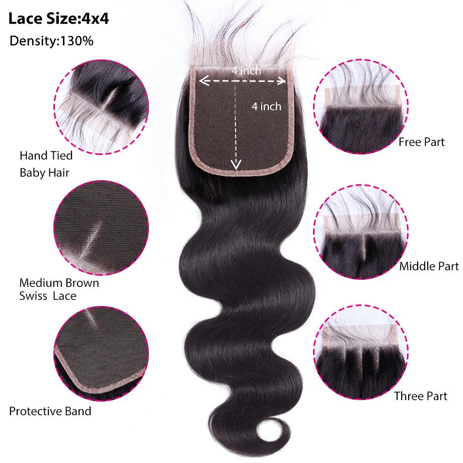 Indian Body Wave 3 Bundles With 4×4 Closure 10A Grade 100% Human VIrgin Hair Bling Hair