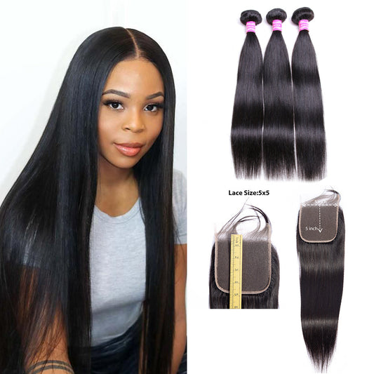 Brazilian Straight 3 Bundles With 5×5 Closure 10A Grade 100% Human Virgin Hair Bling Hair