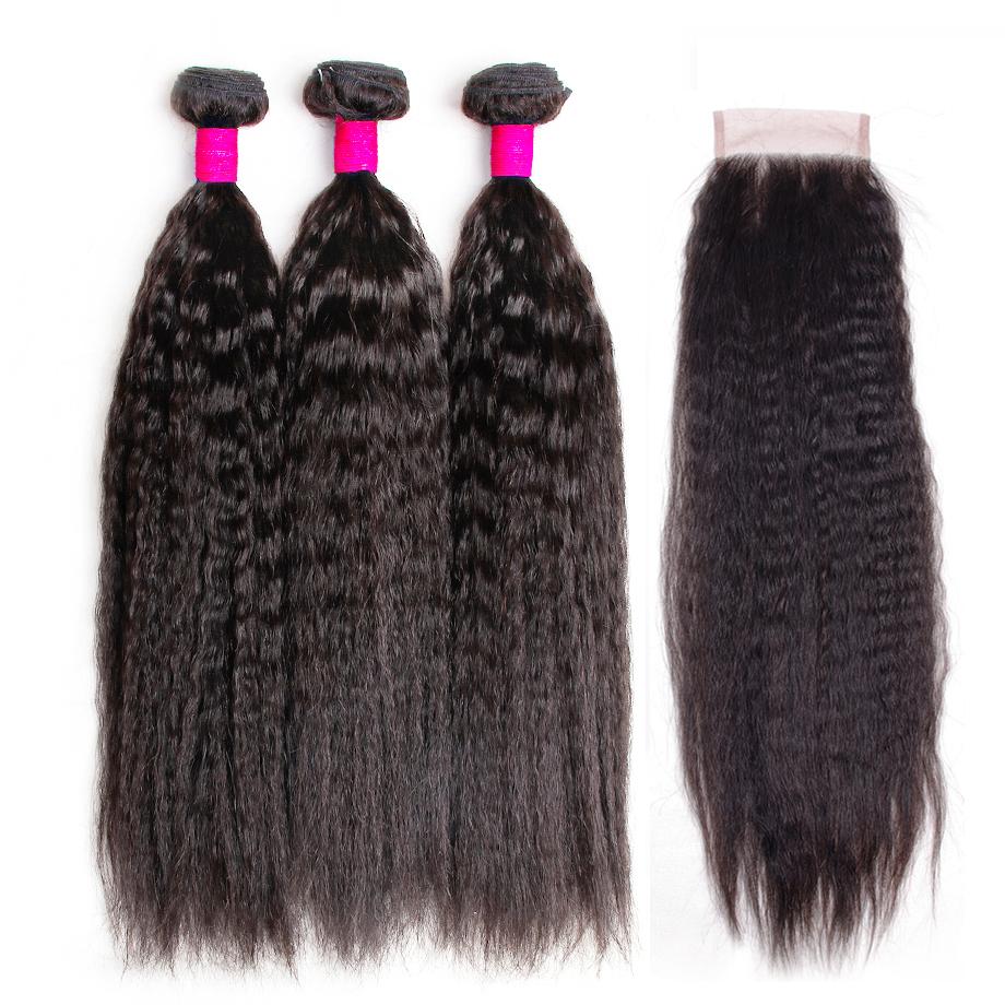 Peruvian Kinky Straight 3 Bundles With 4×4 Closure 10A Grade 100% Human Virgin Hair Bling Hair