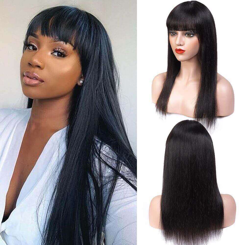 9A Brazilian Straight Human Hair Wigs With Neat Bangs Glueless Super Affordable Machine Made Virgin Hair Wig Anna Beauty Hair